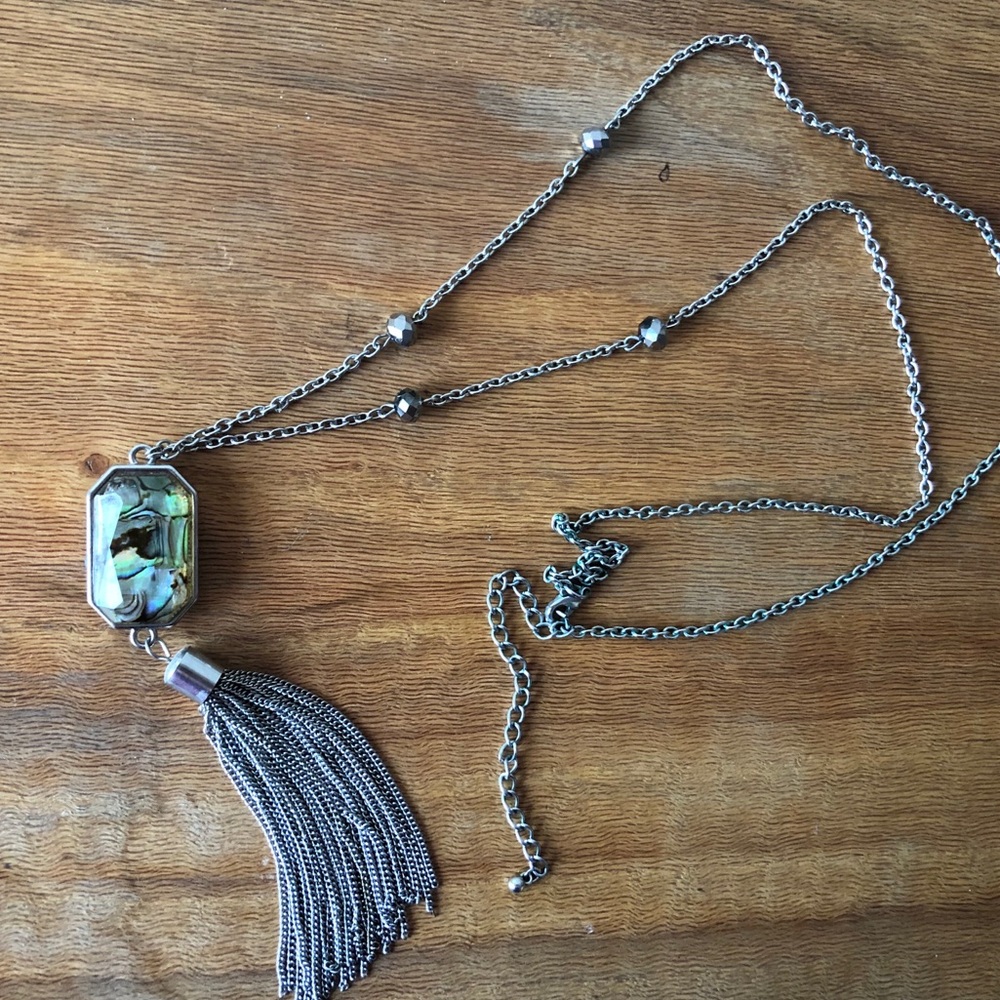 3/$10 Silver Long Tassel Opal Statement Necklace